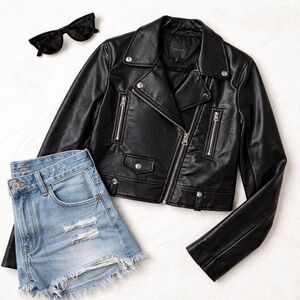 Dynamite Black Faux Leather Moto Jacket Cropped Biker Zip Jacket Medium